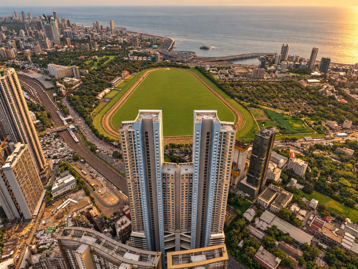 Aerial view of the Minerva twin towers overlooking the Mahalaxmi Racecourse
